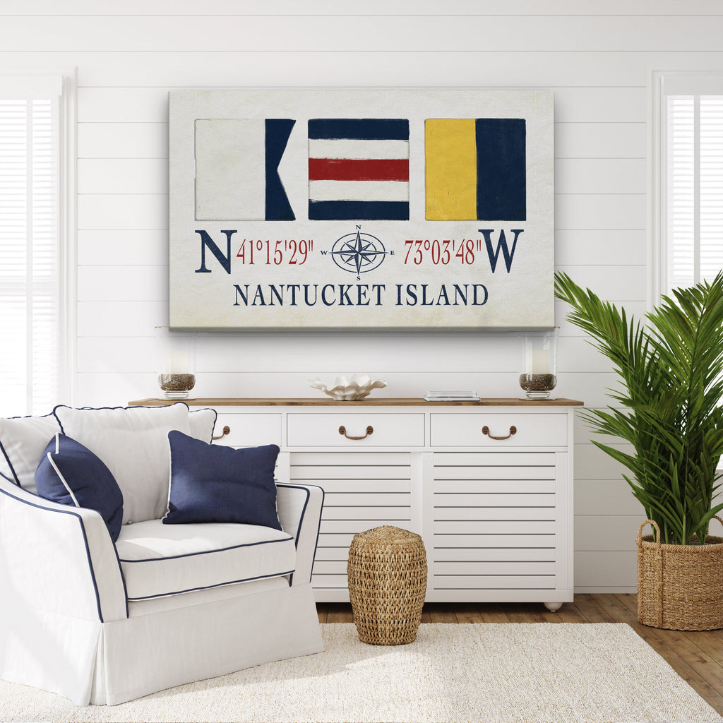 Nantucket Sign With Latitude Longitude Coordinates and ACK Maritime Flags