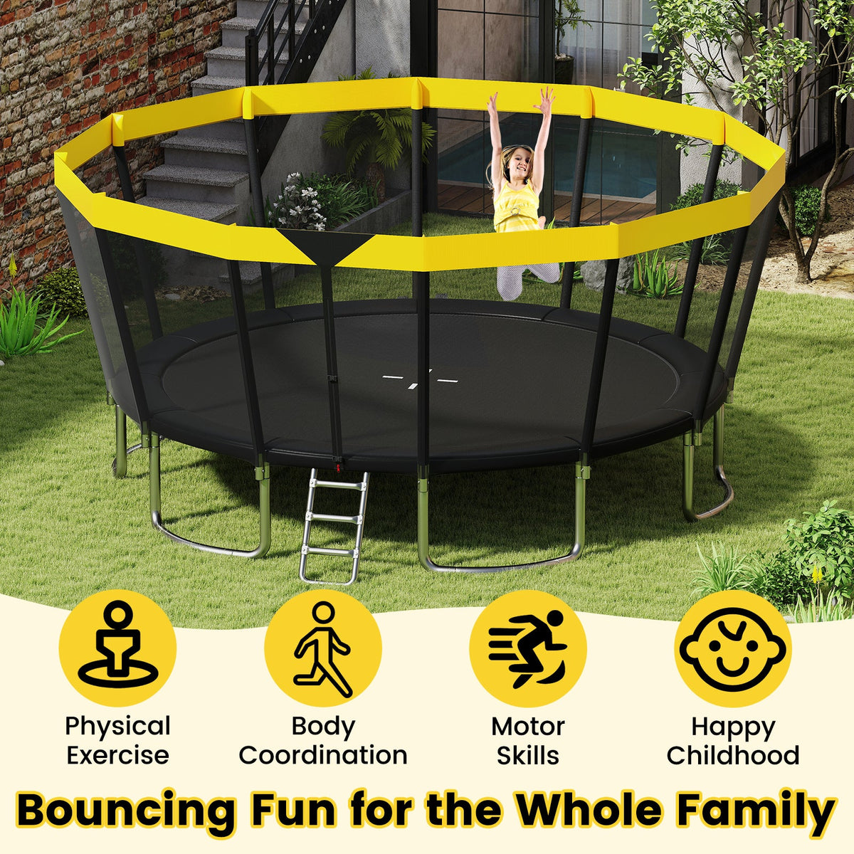 ASTM Compliant Recreational Trampoline with Non-Slip Ladder-Yellow