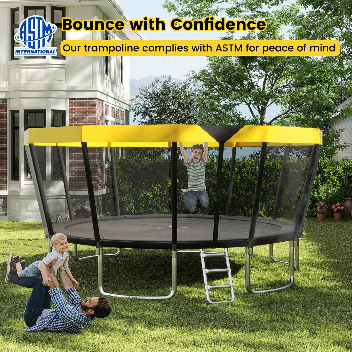 ASTM Compliant Recreational Trampoline with Non-Slip Ladder-Yellow