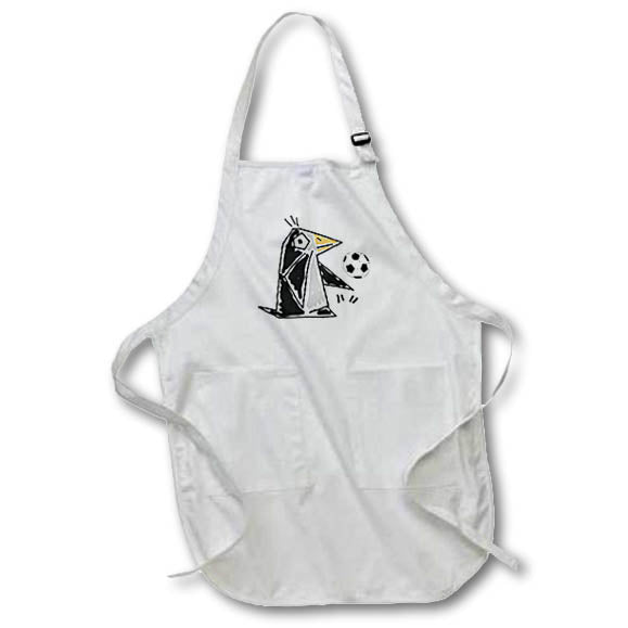 3dRose Funny Cute Penguin Bird Playing Soccer Sports Primitive Art - Aprons (apr_342248)