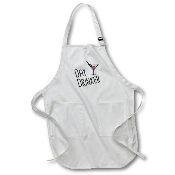 Apron - Day Drinker with martini clipart. Black lettering on white background. Stamp City - typography
