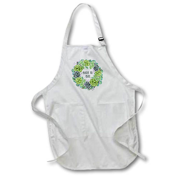 Apron - Succs to Succ in dark green written in a succulent wreath on white. Stamp City - typography