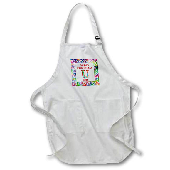 Apron - Letter U Rainbow Tie Dye Holly Border Monogram Christmas- Tie Dye Holly Monogram