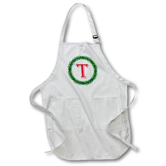 Apron - Christmas Wreath Monogram T Red Initial, SM3DR Christmas Monograms