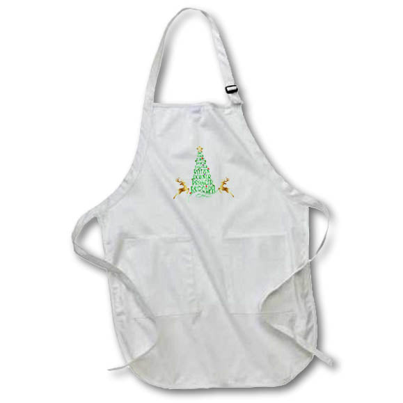 Apron - Image of Reindeer Names, Green Tree Shape, Lights, Gold Reideer, Star Christmas Design