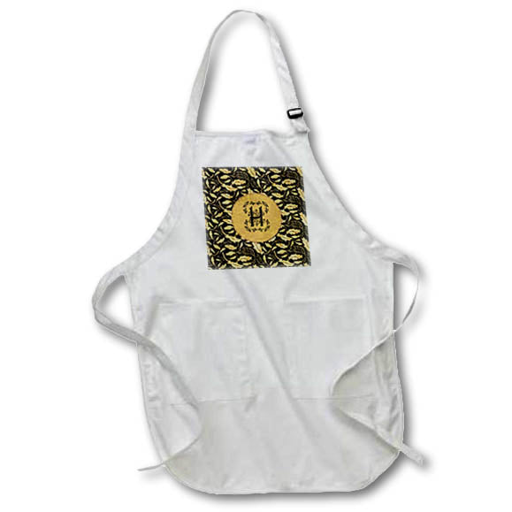 Apron - Image of Arshaka Initial H, Round Frame, Leaf Design, Gold on Black Initial Design