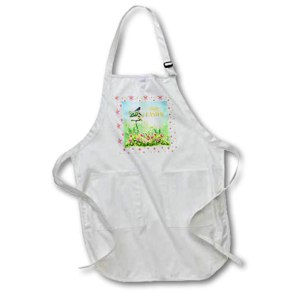 Apron - Image of Happy Easter Garden, Blue Bird on House, Bunny in Flowers Easter Design and Photography