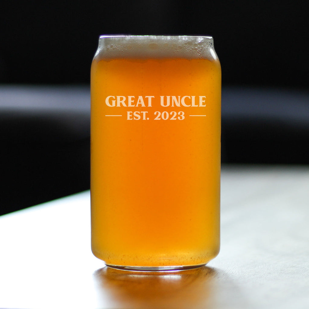 Great Uncle Est. 2023 - Bold - 16 oz Beer Can Pint Glass - Etched Sayings, Men's Gifts & Baby Reveal