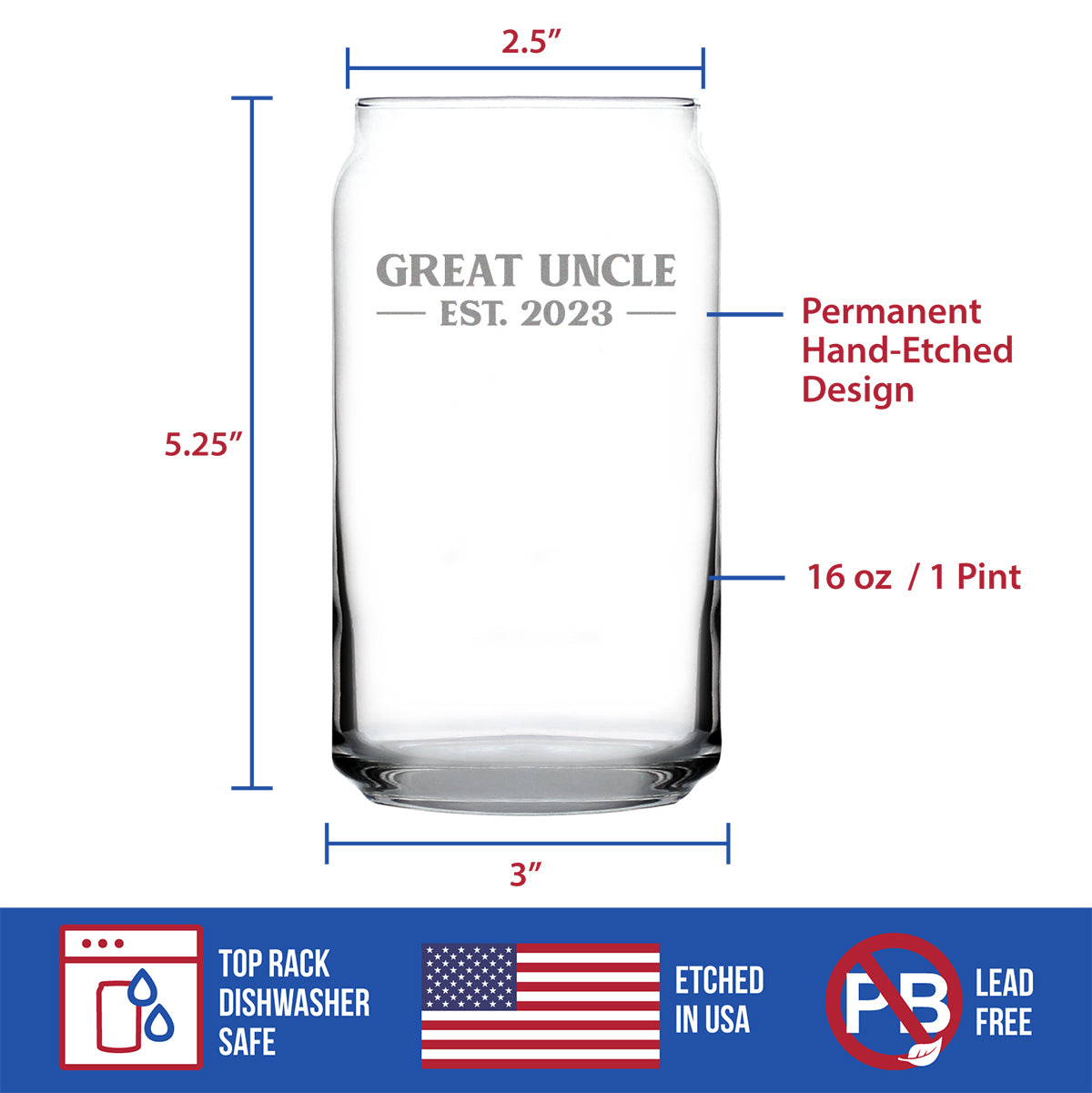 Great Uncle Est. 2023 - Bold - 16 oz Beer Can Pint Glass - Etched Sayings, Men's Gifts & Baby Reveal