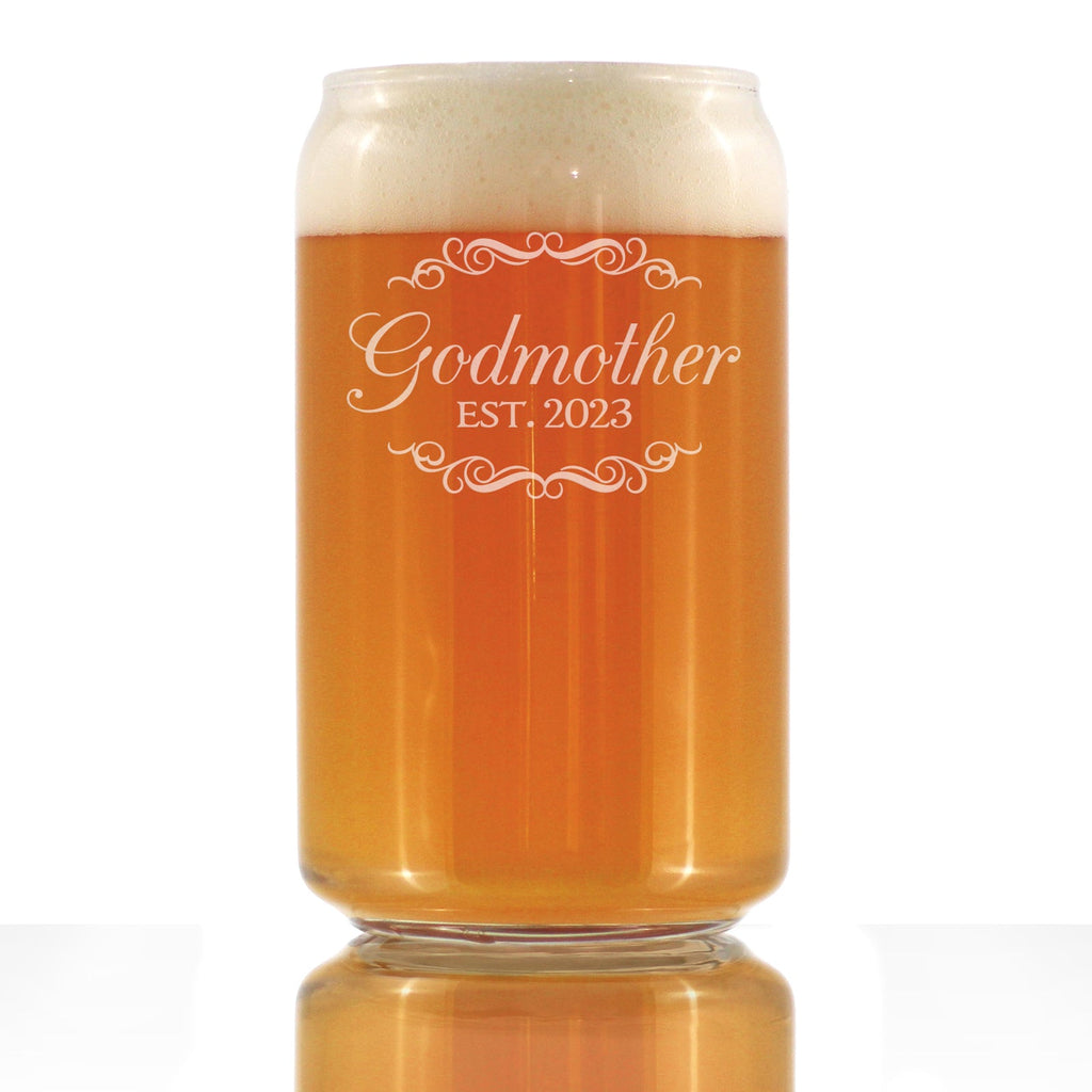 Godmother Est. 2023 - Decorative 16 oz Beer Can Pint Glass - Etched Sayings, Cute and Fun Reveal Gift for Godparents