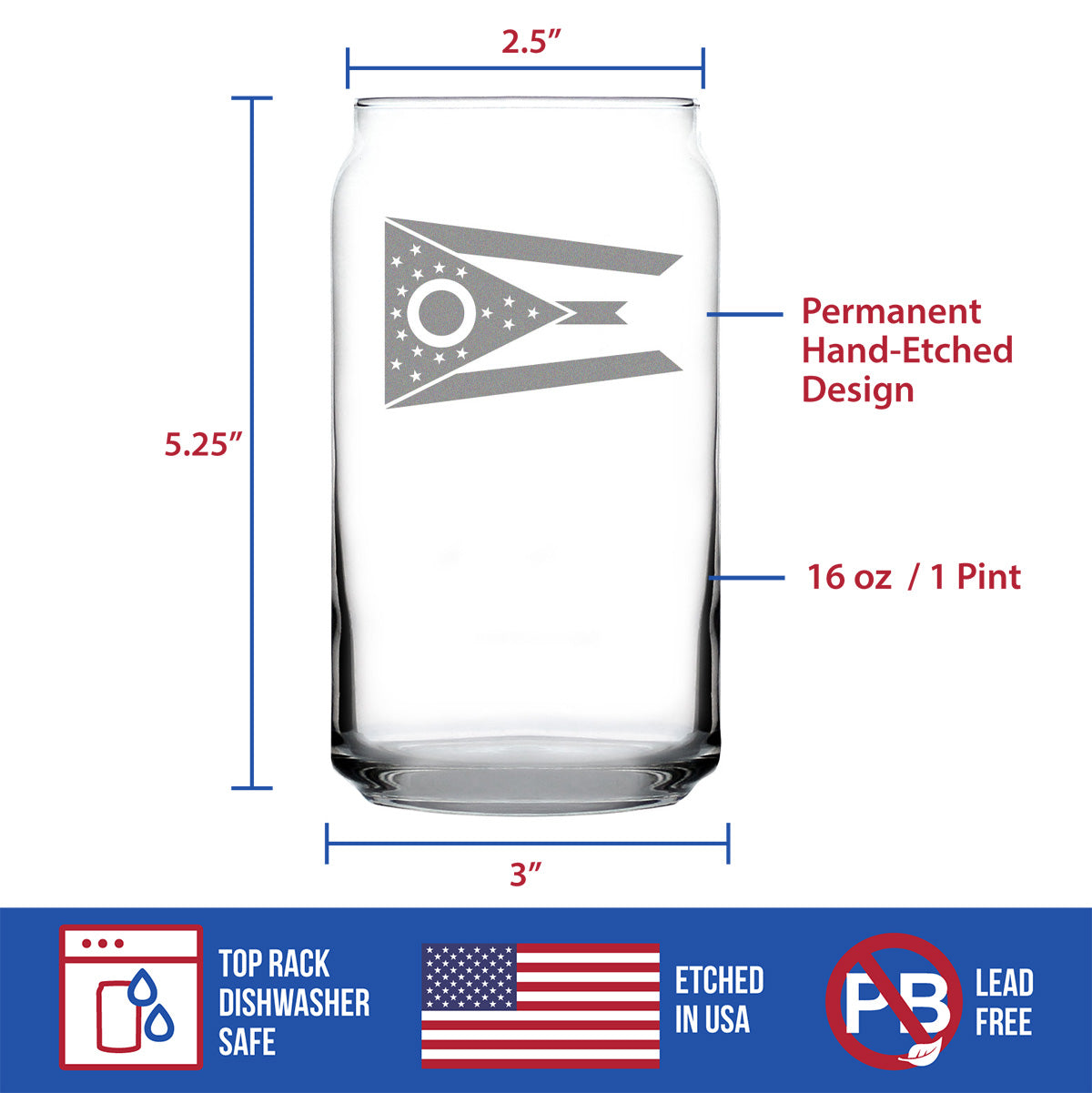 Ohio Flag Beer Can Pint Glass - State Themed Drinking Decor and Gifts for Ohioan Women & Men - 16 Oz Glasses