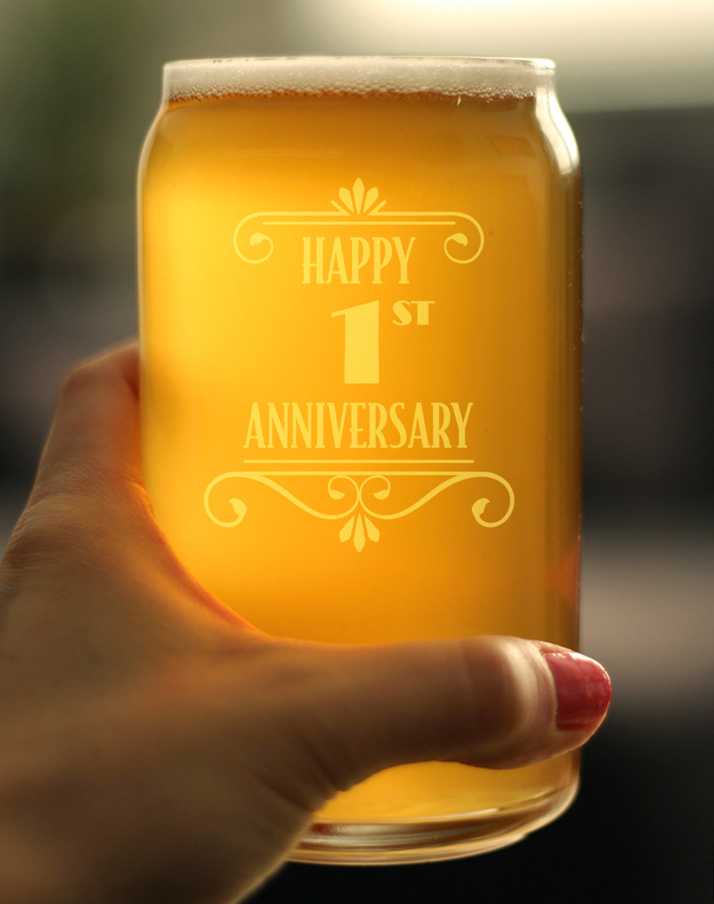 Happy 1st Anniversary Engraved Beer Can Glass Gifts 1 Year Anniversary Art Deco Party Decor Beer Can Shaped Pint Glass - 16oz