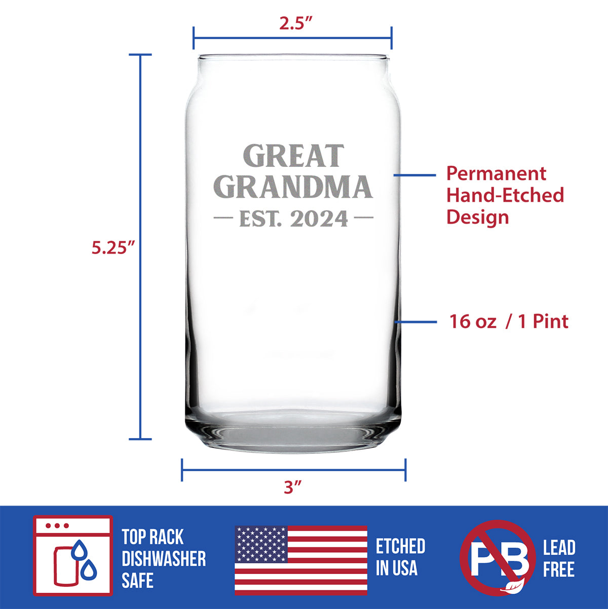 Great Grandma Est 2024 - New Great Grandmother Beer Can Pint Glass Gift for First Time Great Grandparents - Bold 16 Oz Glasses