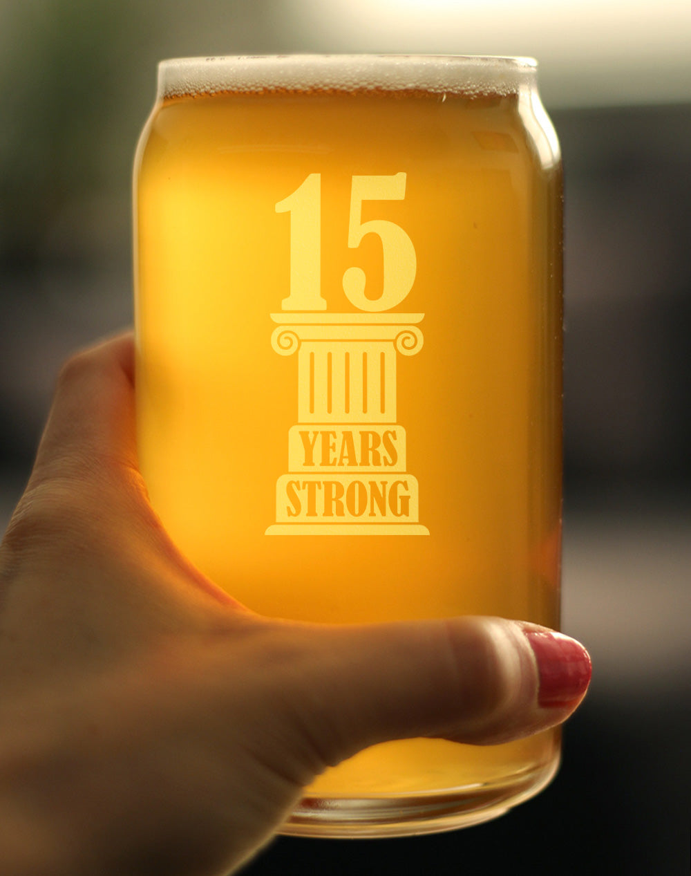 15 Years Strong Engraved Beer Can Glass Gifts 15th Anniversary Party Decor Beer Can Shaped Pint Glass - 16oz