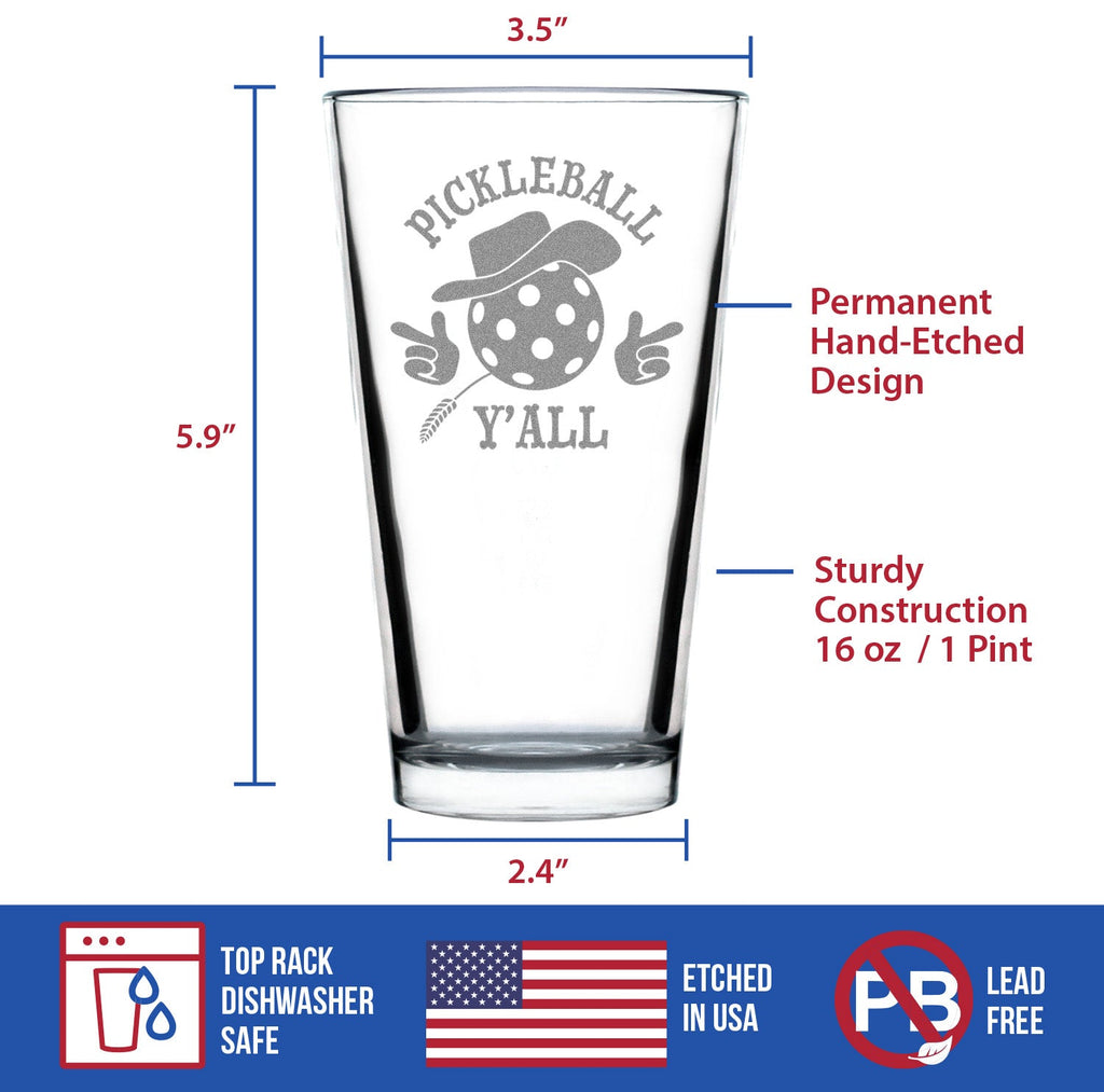 Pickleball Y'all Engraved Pint Glass Gifts Funny Pickleball Gifts High Quality Pint Glasses for Beer - 16oz
