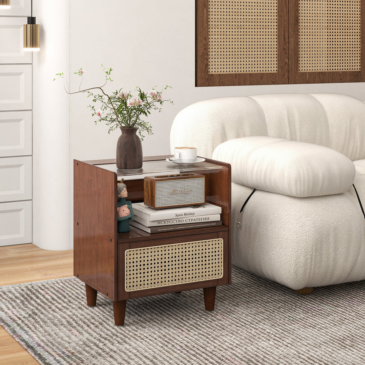 Bamboo Rattan Nightstand with Drawer and Solid Wood Legs
