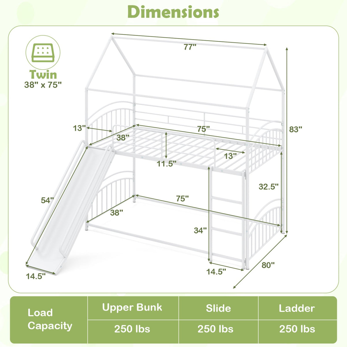 Bunk Bed Twin Over Twin House Bunk Bed Frame with Metal Slats