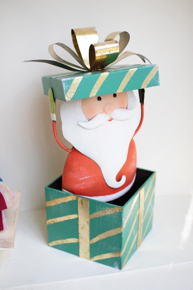 Painted Metal Santa with Christmas Gift Box
