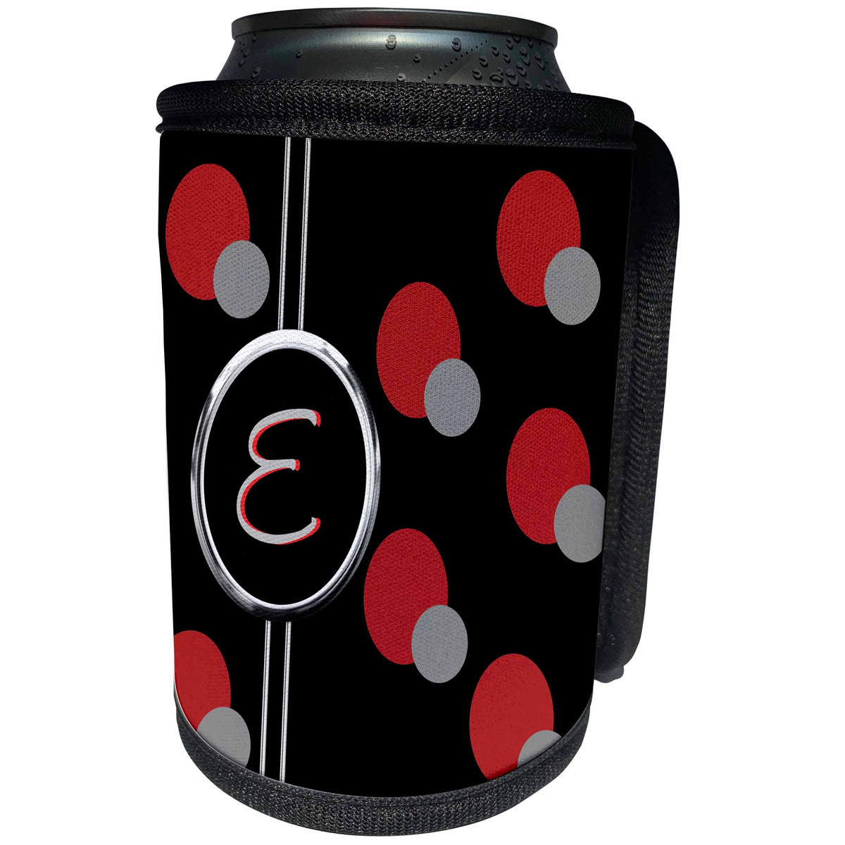 3dRose Charlyn Woodruff - CW Designs Monogram - Circles - Modern Geometric Black Red Grey Circle Pattern Monogram Letter E - Can Cooler Bottle Wrap (cc_215248)