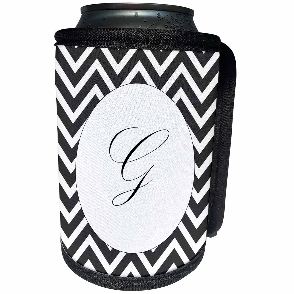 3dRose Florene - Initials - Print of Script G On Black White Chevron Stripes - Can Cooler Bottle Wrap (cc_220950)