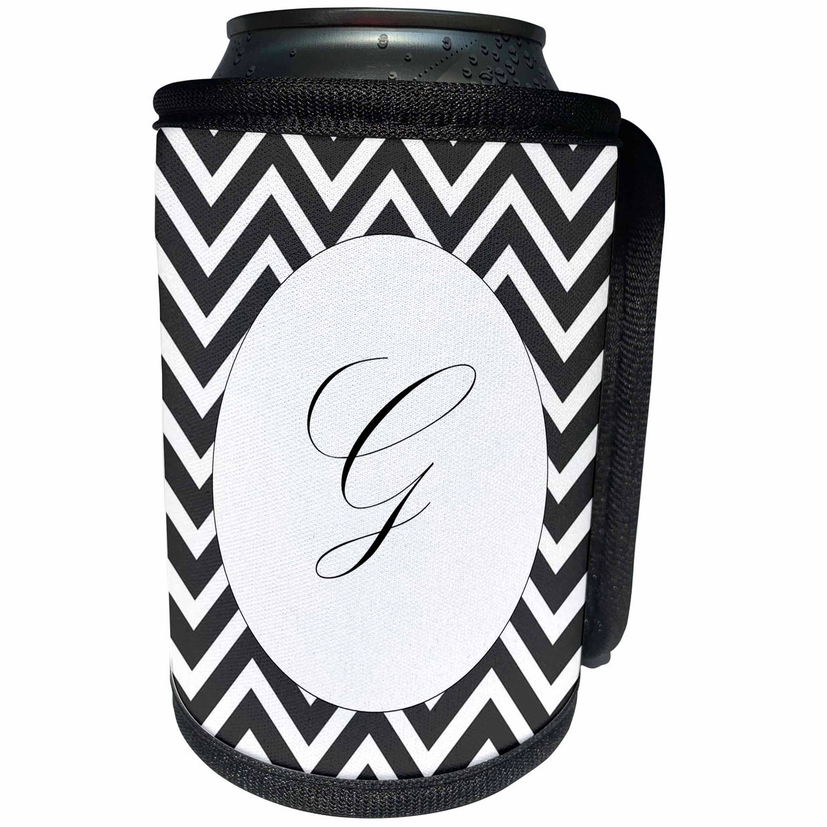 3dRose Florene - Initials - Print of Script G On Black White Chevron Stripes - Can Cooler Bottle Wrap (cc_220950)