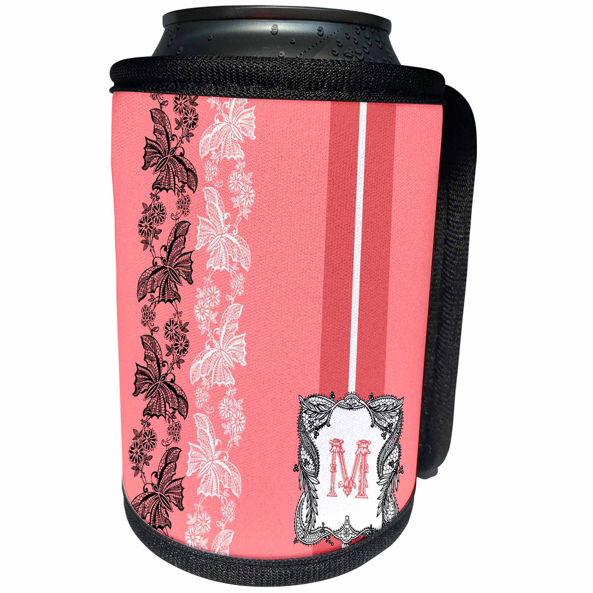 3dRose Russ Billington Monograms- Lacy Pink Initial M - Monogram Initial M in Pink White and Black - Can Cooler Bottle Wrap (cc_239038)