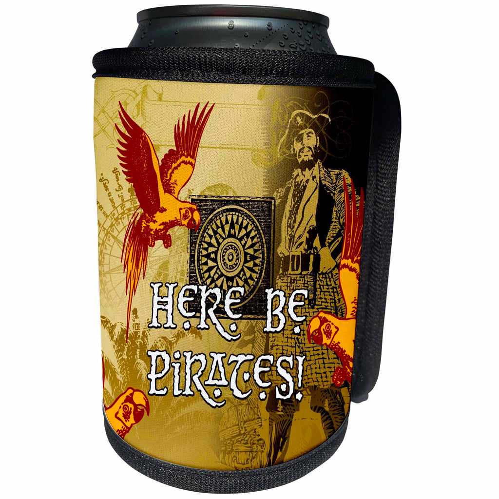 3dRose Russ Billington Designs - Here Be Pirates- Image of Pirate, Palm Trees, Compass and Parrots - Can Cooler Bottle Wrap (cc_300156)