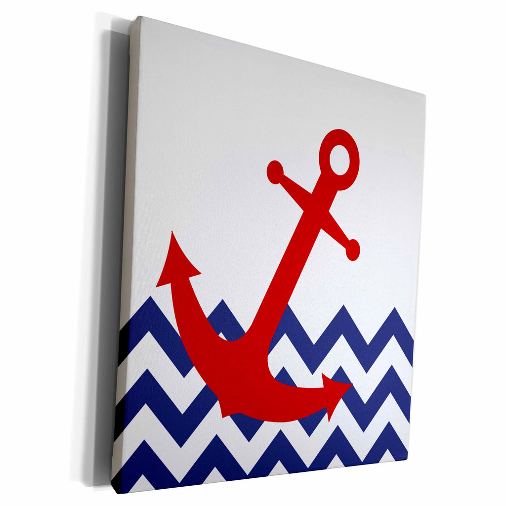 3dRose Red Nautical Boat Anchor on Chevron Pattern - Museum Grade Canvas Wrap (cw_165791)