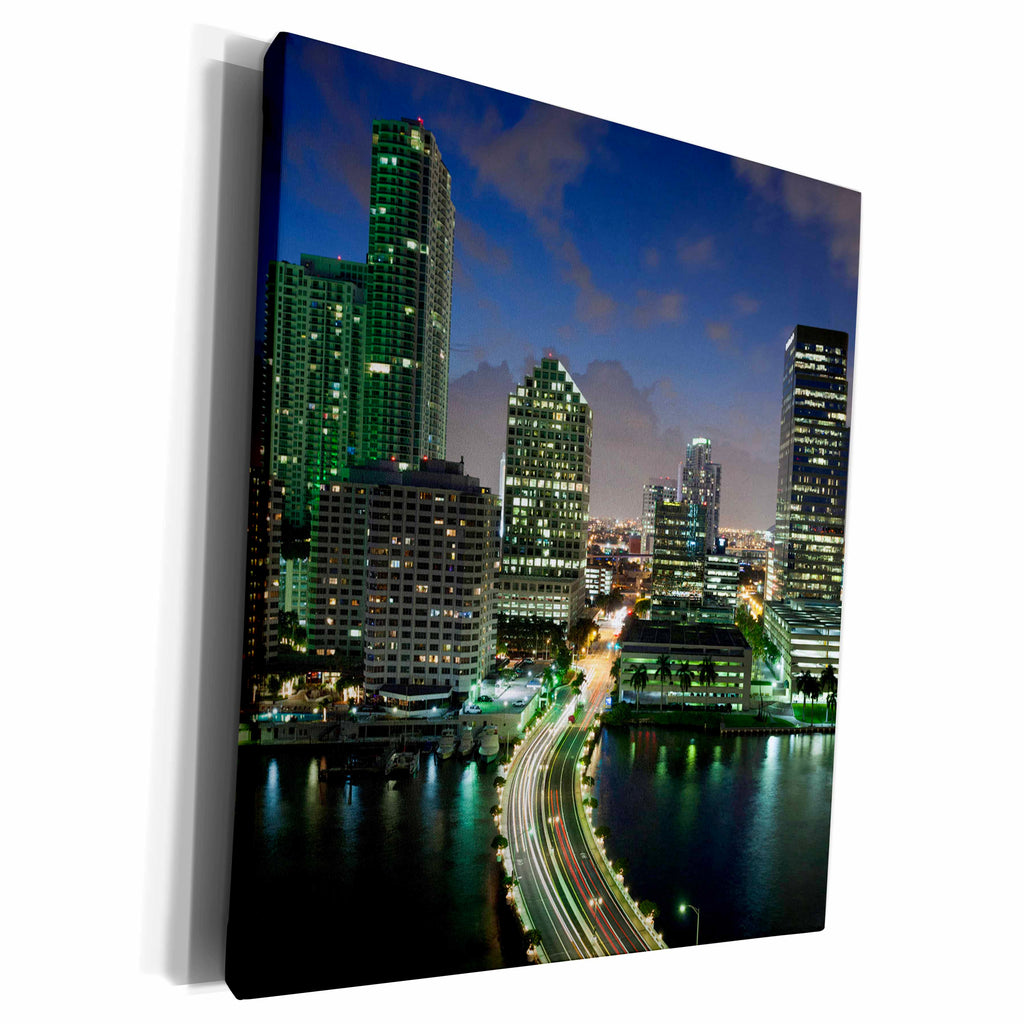 3dRose Elevated city skyline from Brickell Key, evening. - Museum Grade Canvas Wrap (cw_205596)