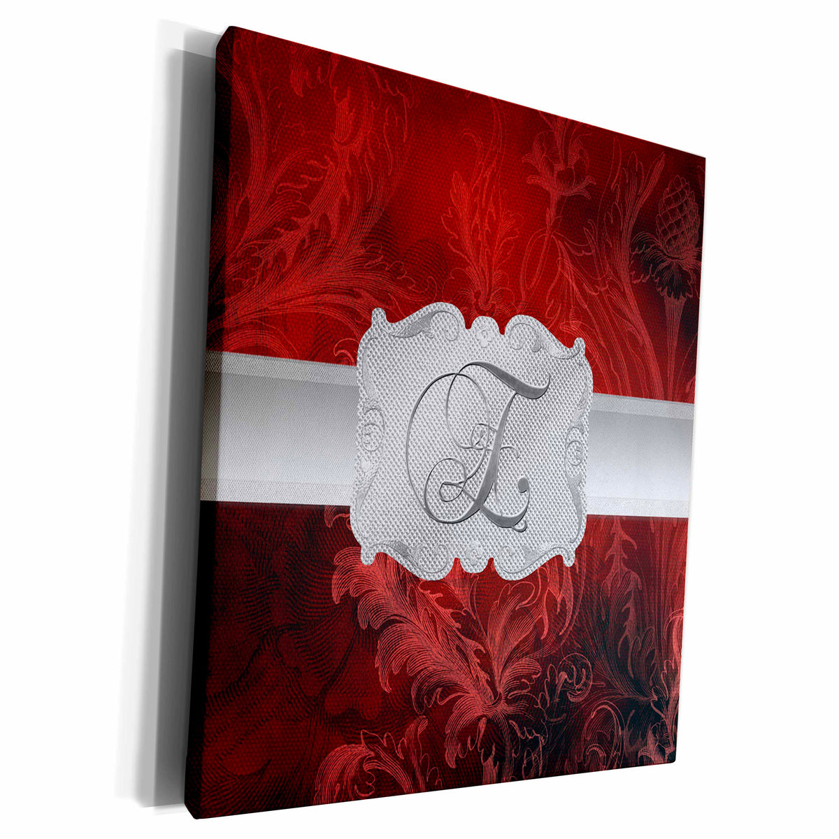 3dRose Letter E, Lavish Red Leaf Print with Silver Frame - Museum Grade Canvas Wrap (cw_212795)