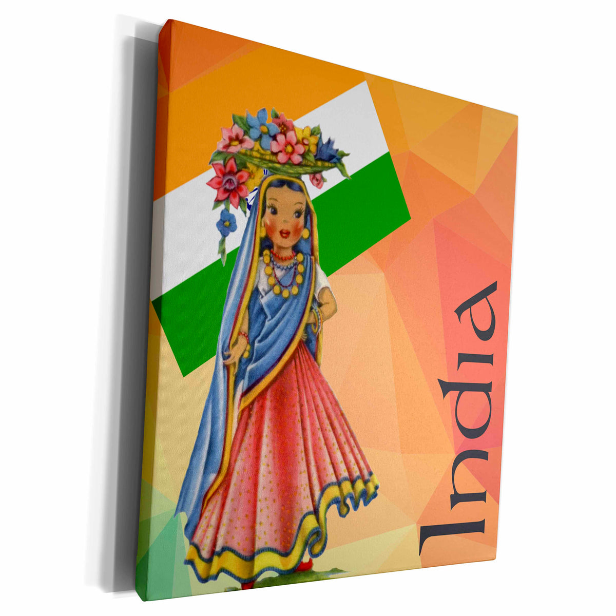 3dRose East Indian Doll With Flag Behind - Museum Grade Canvas Wrap (cw_214531)