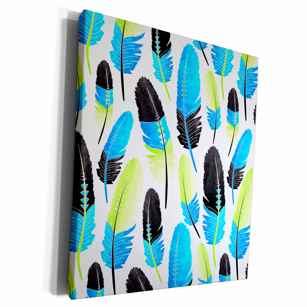 3dRose Boho Feather Pattern Neon Blue and Green - Museum Grade Canvas Wrap (cw_214552)