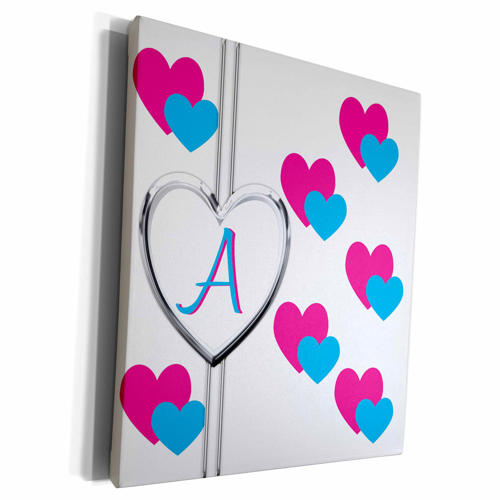 3dRose Fun Colorful Pink and Blue Hearts Pattern Monogram... - Museum Grade Canvas Wrap (cw_215348)