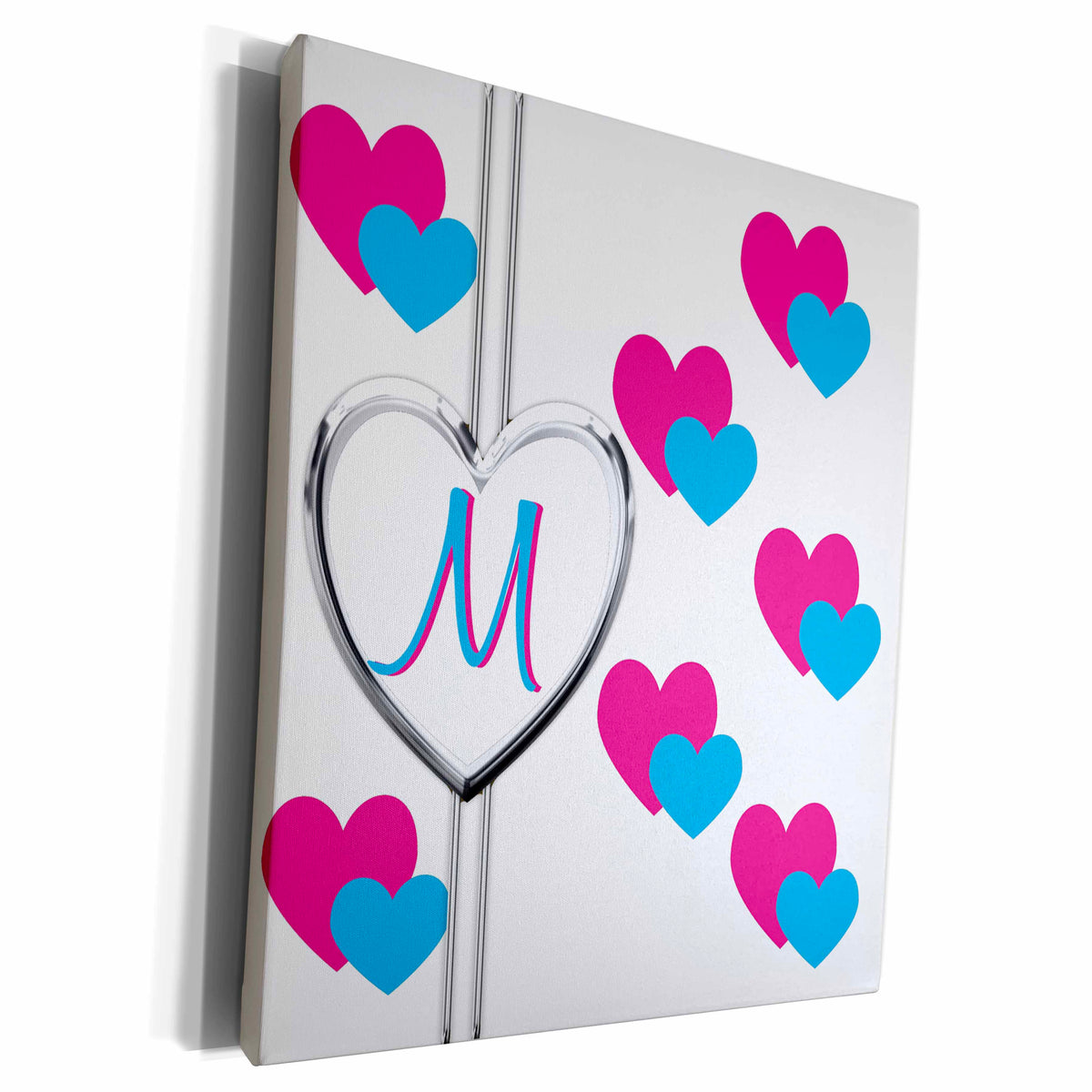 3dRose Fun Colorful Pink and Blue Hearts Pattern Monogram... - Museum Grade Canvas Wrap (cw_215360)