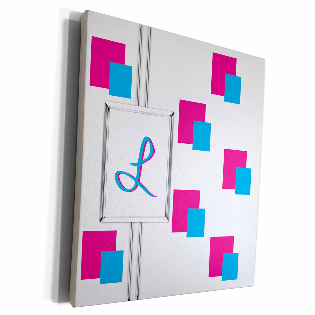 3dRose Fun Colorful Pink and Blue Squares Pattern Monogram... - Museum Grade Canvas Wrap (cw_215385)
