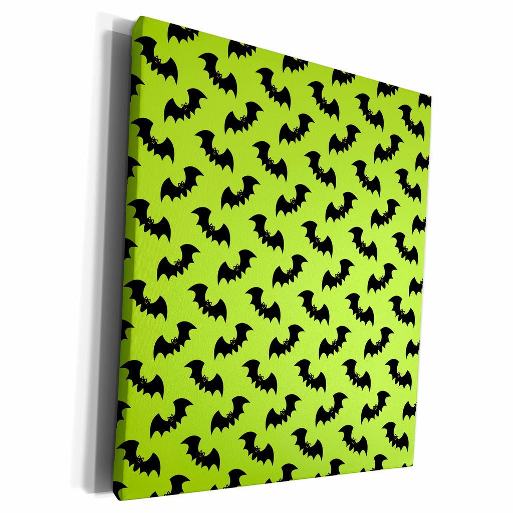 3dRose Black Flying Bats Pattern On A Green Background - Museum Grade Canvas Wrap (cw_216843)