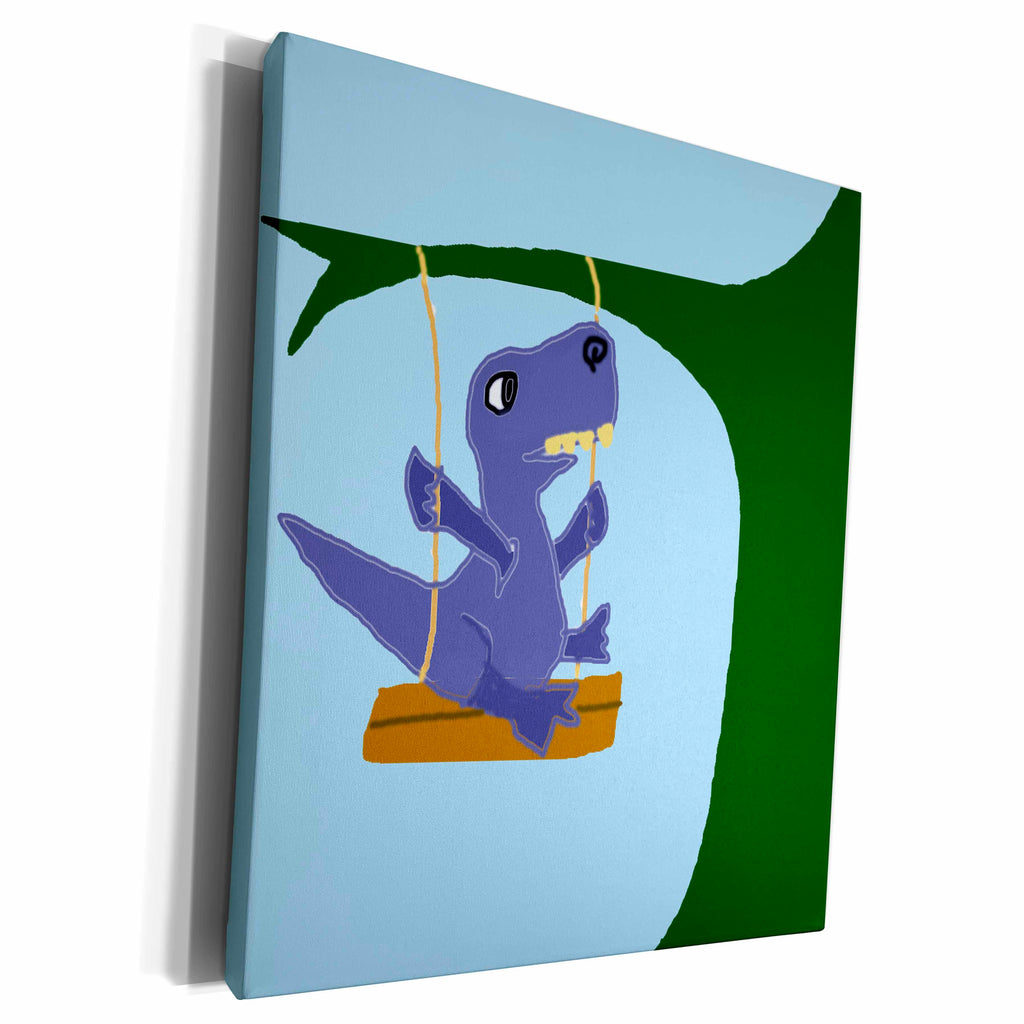 3dRose Funny Blue T-Rex Dinosaur Swinging on Tree Swing Art - Museum Grade Canvas Wrap (cw_218742)