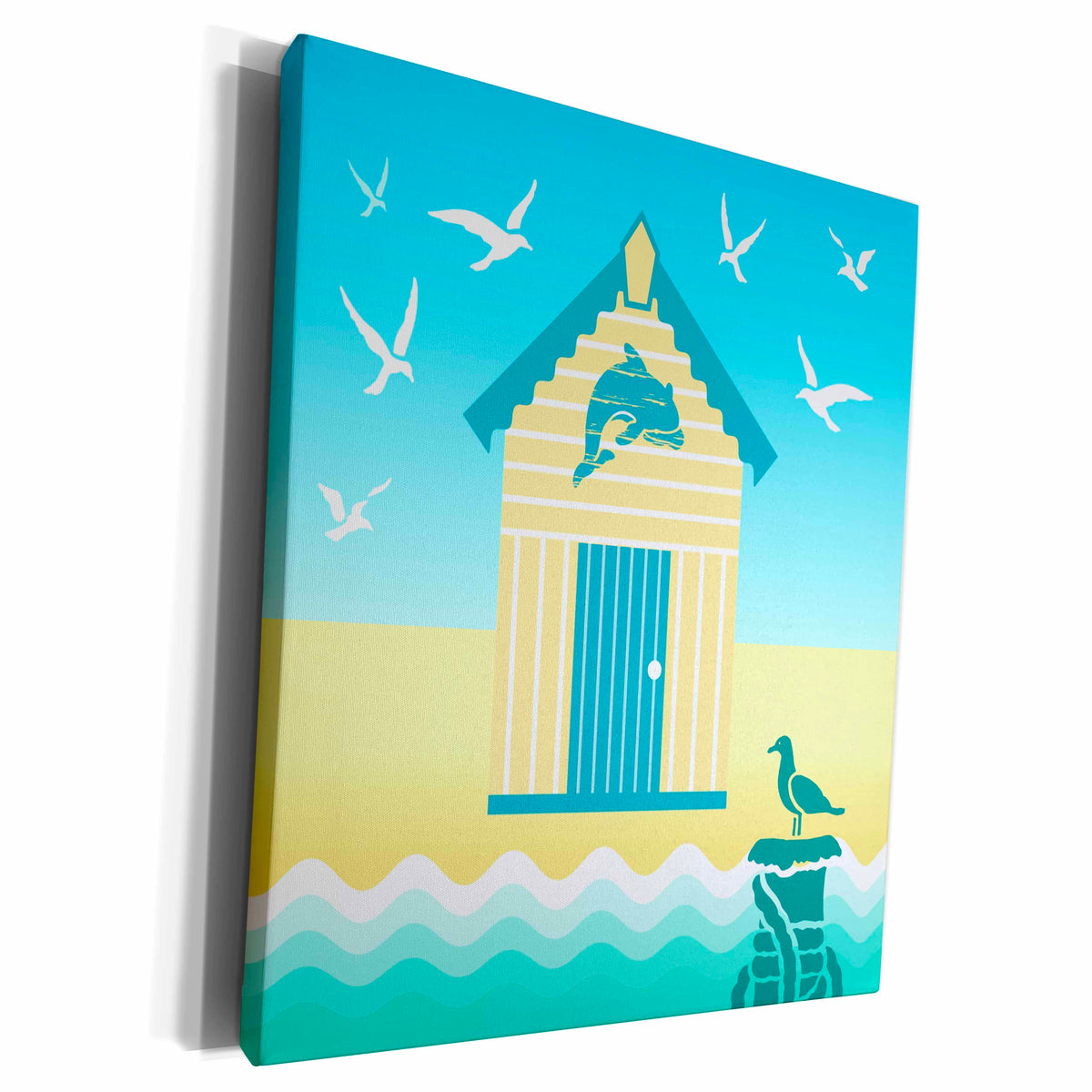 3dRose Beach Hut in Yellow with Dolphin Theme on Blue Sky... - Museum Grade Canvas Wrap (cw_219432)