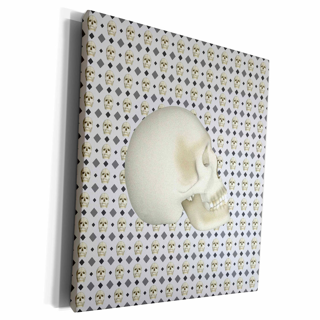 3dRose Skull on Pattern of Skulls and Diamond Design, Gray,... - Museum Grade Canvas Wrap (cw_220578)