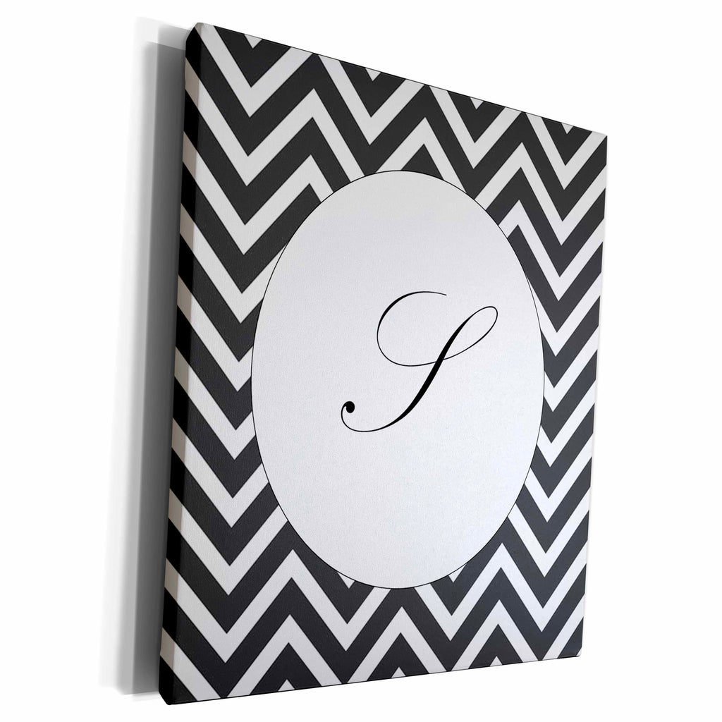 3dRose Print of Script S On black White Chevron Stripes - Museum Grade Canvas Wrap (cw_220959)