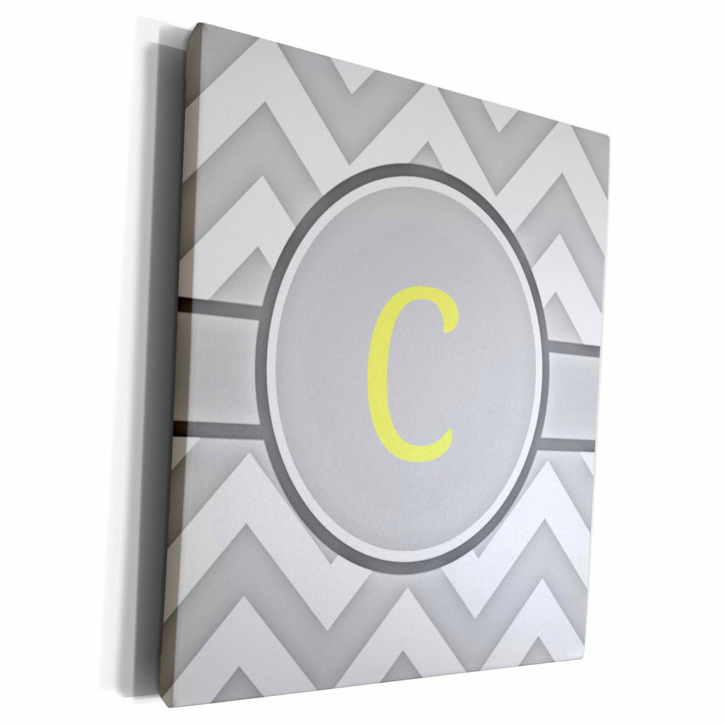 3dRose Grey and white chevron with yellow monogram initial C - Museum Grade Canvas Wrap (cw_222091)