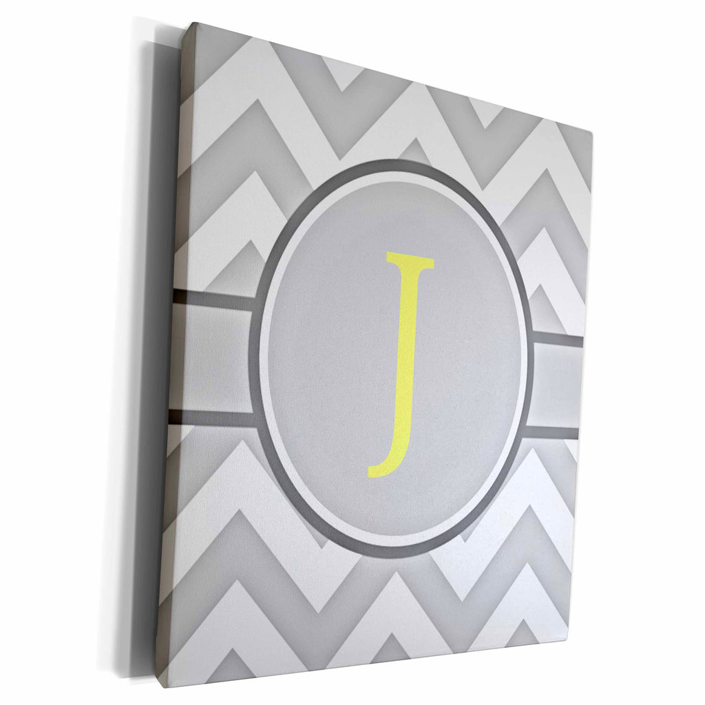 3dRose Grey and white chevron with yellow monogram initial J - Museum Grade Canvas Wrap (cw_222098)