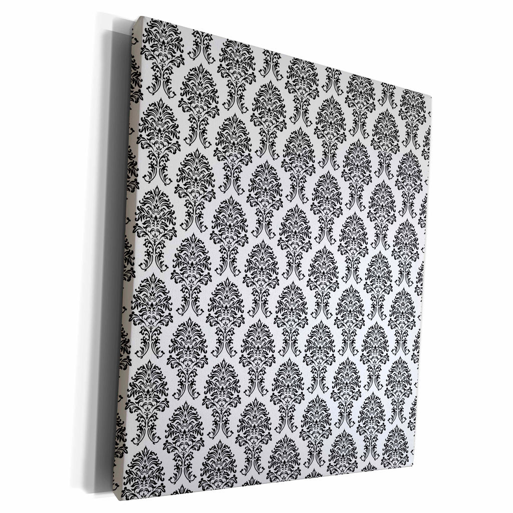 3dRose Black and White Spaced Leafy Damask Pattern - Museum Grade Canvas Wrap (cw_222266)
