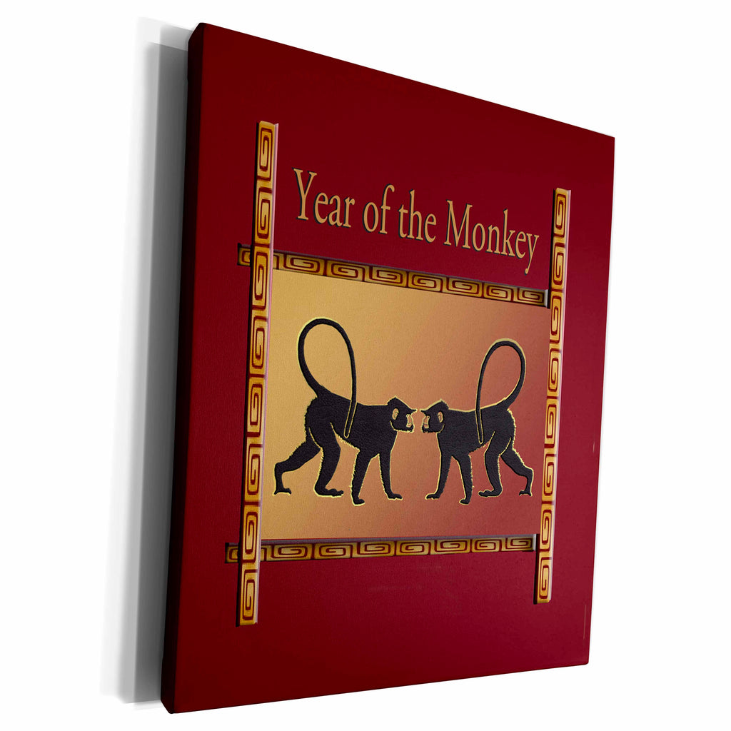 3dRose Two Monkey Facing, Happy New Year, Red, Copper, Black - Museum Grade Canvas Wrap (cw_223537)