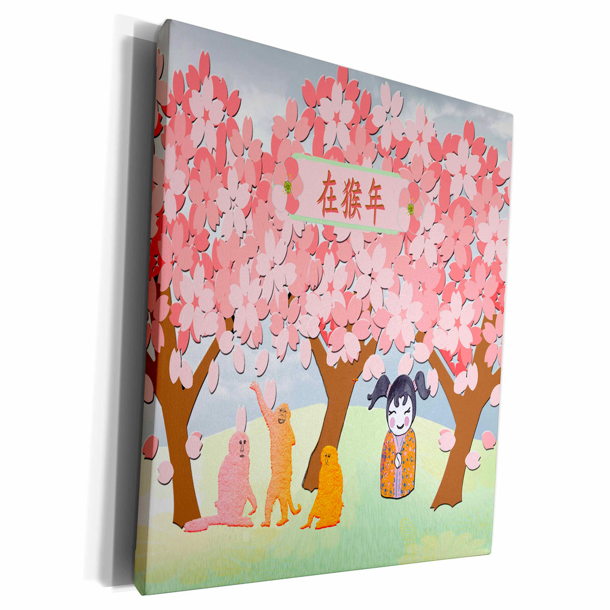 3dRose Three Orange and Pink Monkey under Plum Trees with... - Museum Grade Canvas Wrap (cw_223546)