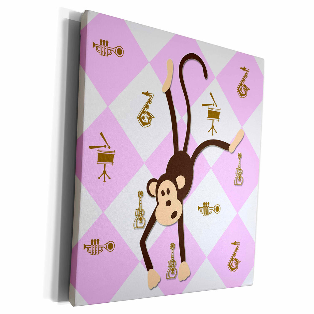 3dRose Dancing Monkey. Pink. Musical Instruments. Kids... - Museum Grade Canvas Wrap (cw_224462)