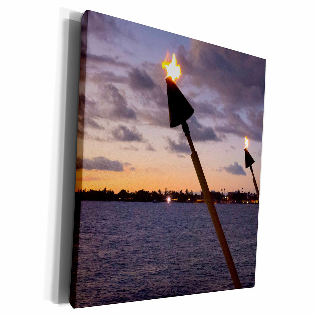 3dRose Kona, Hawaii, tiki fire light over Ocean at... - Museum Grade Canvas Wrap (cw_230622)
