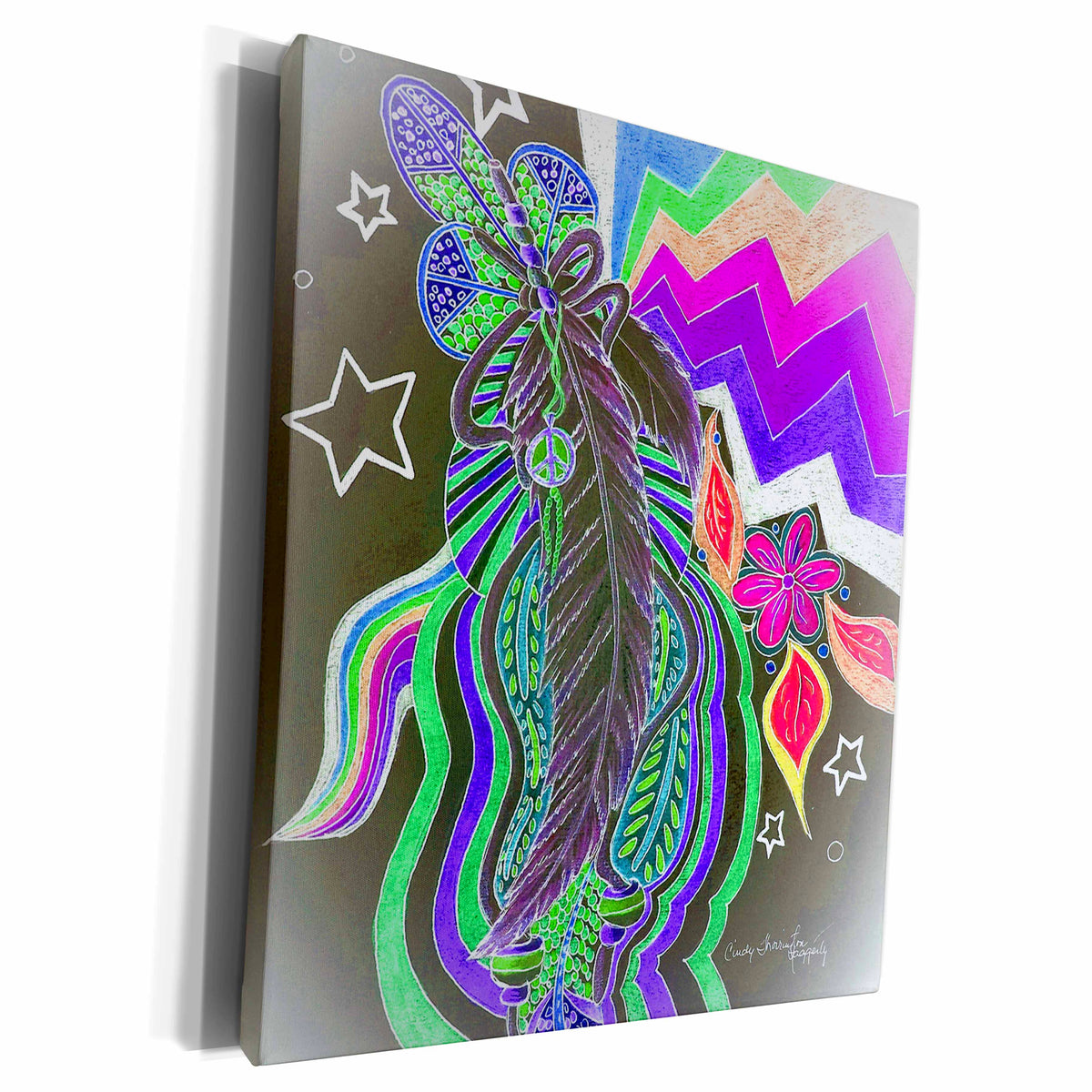 3dRose Drawing of psychedelic feather art using peace... - Museum Grade Canvas Wrap (cw_232802)
