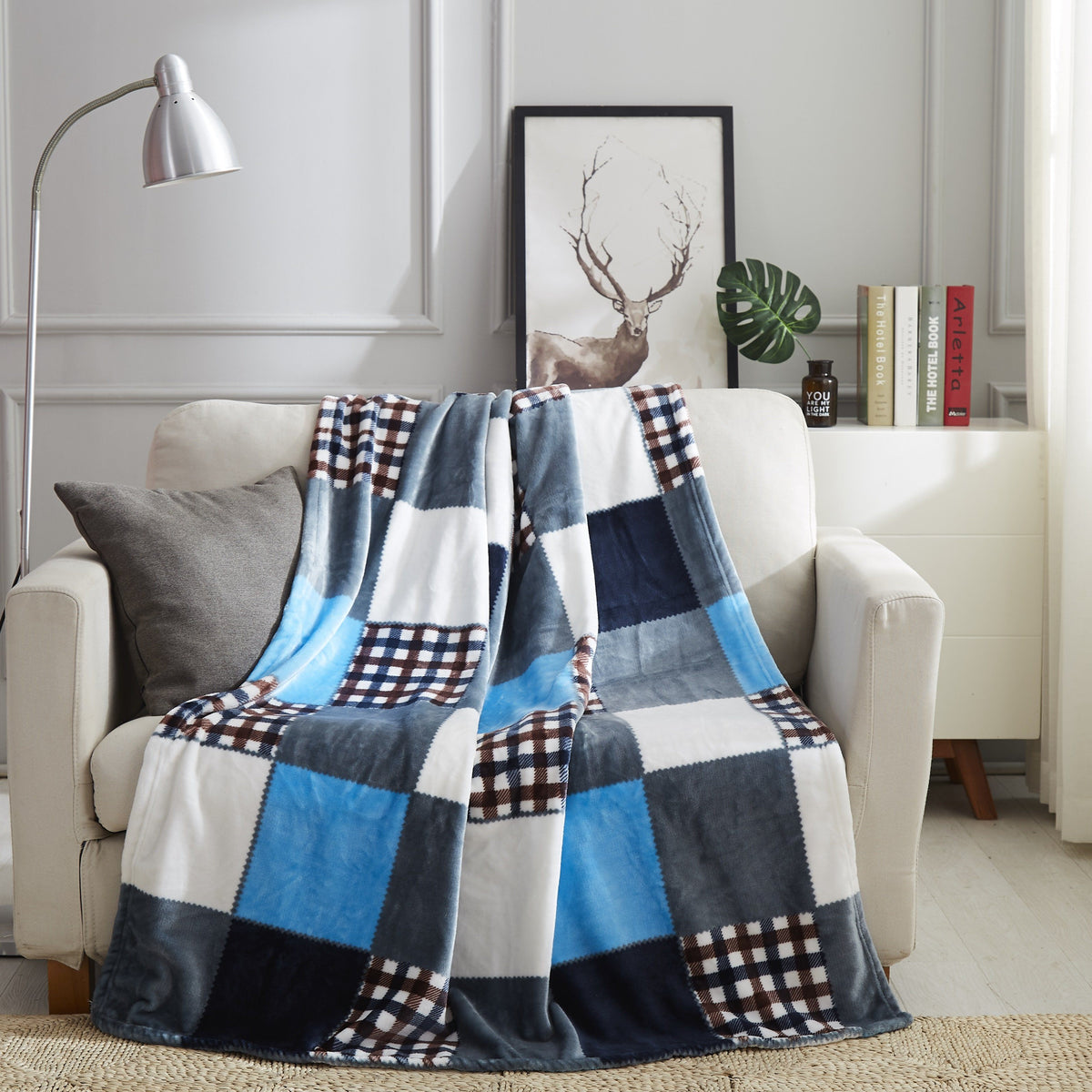 Tache Blue Lake Farmhouse Super Soft Plaid Patchwork Throw Blanket (4024)
