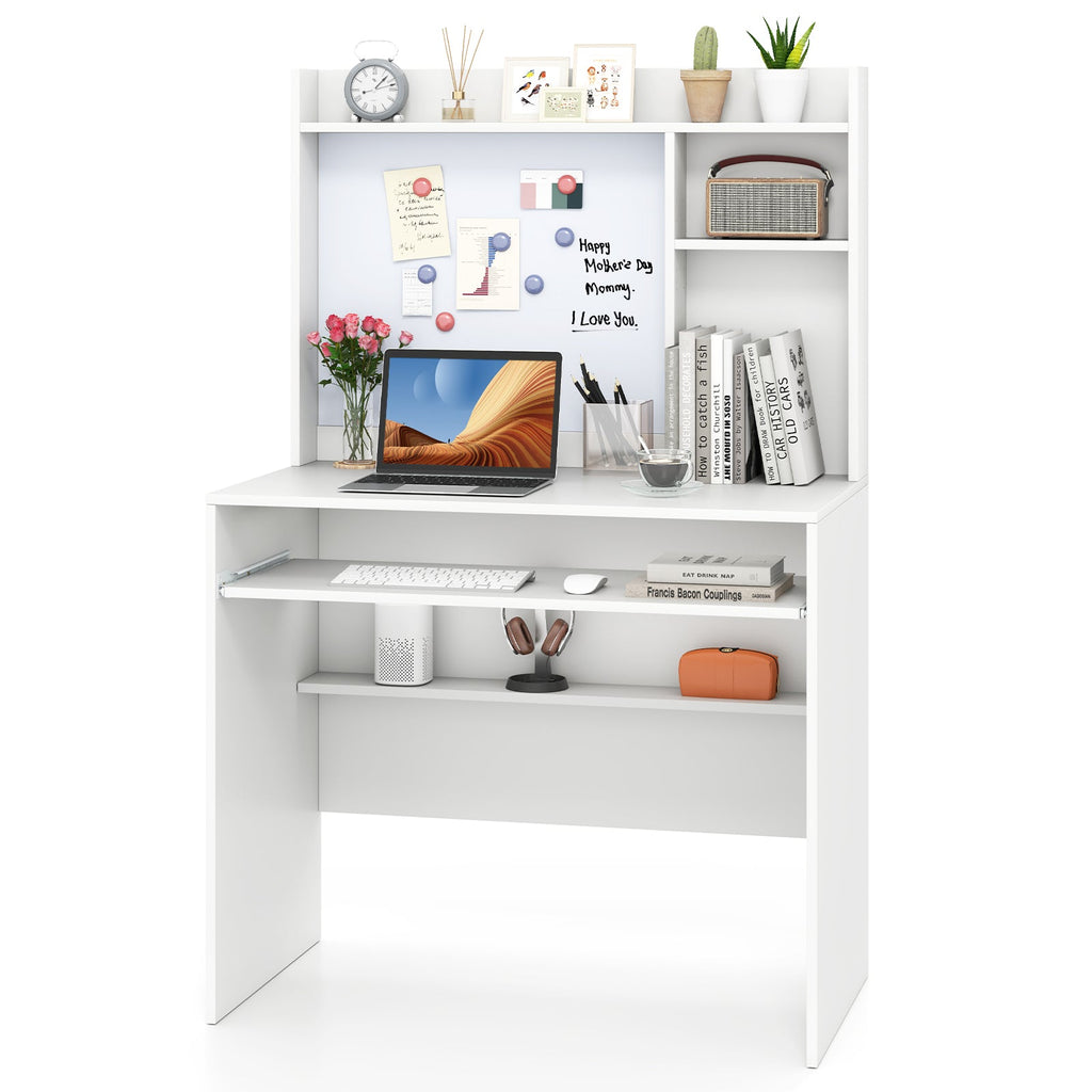 Compact Office Computer Desk with Hutch Magnetic Whiteboard-White